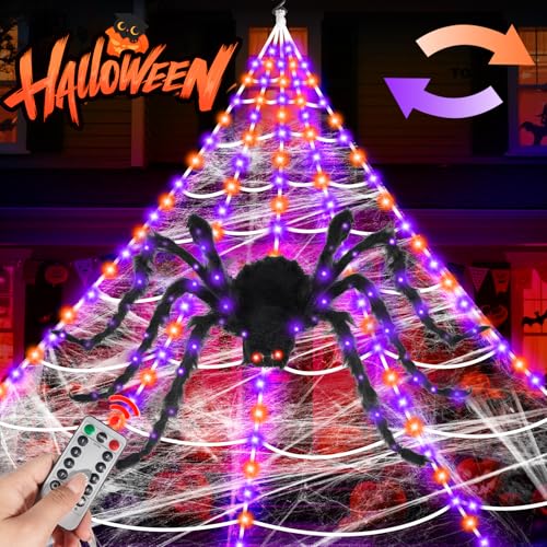 Halloween Spider Web Decoration Outdoor 200 LED 16.4FT Spider Web...