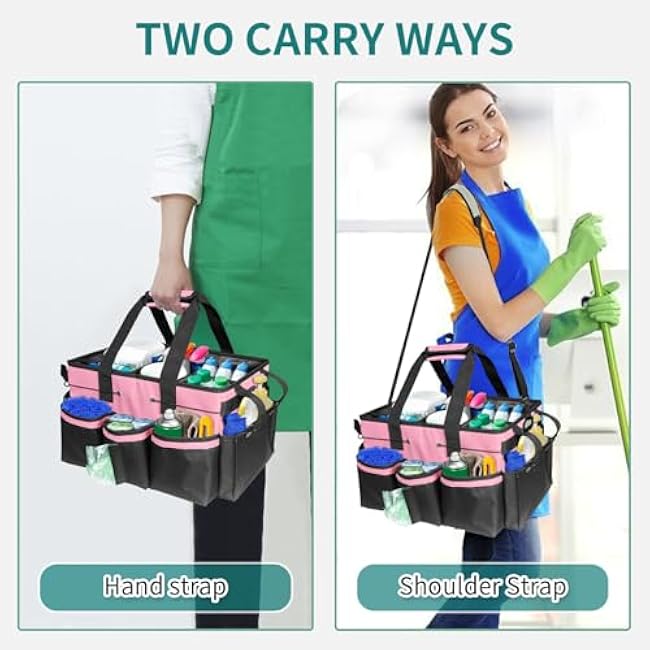 Cleaning Bags for Housekeepers, Large Cleaning Supplies Organizer with Handles & Shoulder Strap, Cleaning Caddy Bag with Foldable Divider for Cleaners, Car Horse Cleaning Bag(Pink)