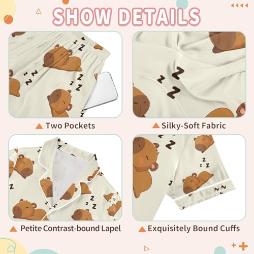 senya Sleep Funny Capybara A Satin Summer Pajama Sets Silk Short Sleeve Button Down Sleepwear3