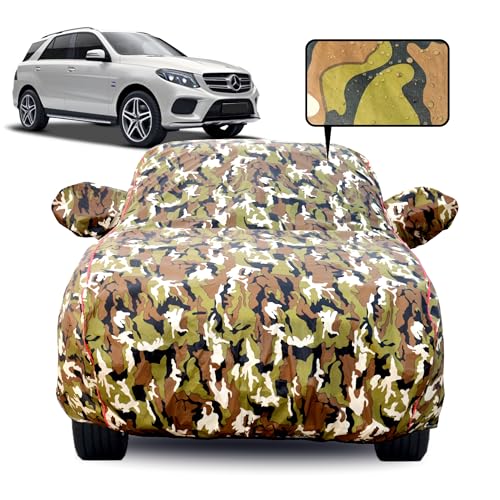 Image of Waterproof Car Body Cover for Mercedes GLE with Mirror Pocket, Soft Cotton Lining, Triple Stitched, Full Bottom Elastic (Heat Resistant Jungle Print with Red Piping)