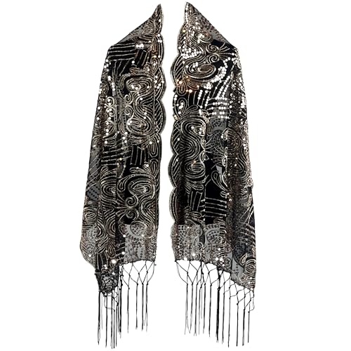 Sparkle Floral Sequin Scarf Vintage Style Evening Shawl Bling Classy Wedding Scarf Tassel Embroidery Lace