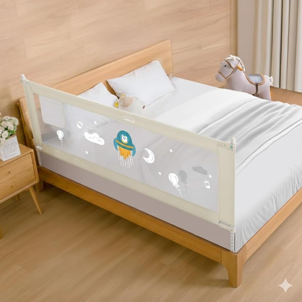 SAFE-O-KID 1 Side Bed Rail (6 Ft/182 cm) with 1-Year Warranty | Bed Railing for Baby Safety |Adjustable Height & Portable | Bed Protector for Baby Falling - Beige