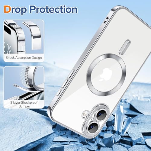 Image of VONZEE Electroplating Transparent Clear Logo Back Cover TPU Case Compatible with iPhone 16, Compatible with Magsafe, Full Body & Individual Camera Protection for Each Lens for Men & Women (Grey)