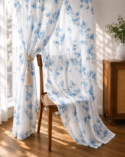 Image of THE LINEN COMPANY Cotton Linen Solid Sheer Window Curtain with Rod Pocket Design, 4 Feet Length, Lightweight Breathable Fabric, Elegant Navy Soft Blue Color, Living Room & Bedroom Curtain, Pack of 2.