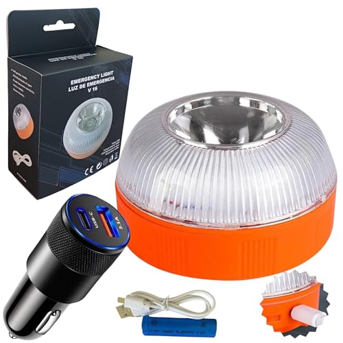 JAZMAN Luz de Emergencia Coche homologada DGT Accesorios Coche baliza V-16 luz Blanca o Emergencia 1 KM Visibilidad Impermeable IP65 Recargable USB Incluye Cargador sin conexión USB,naranja,pequeño