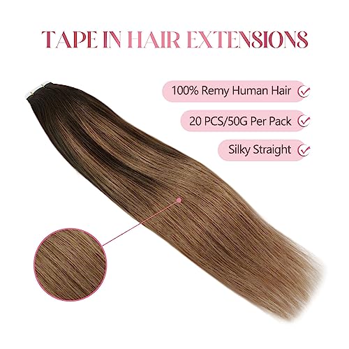 Image of Sixstarhair Tape In Human Hair Extensions Balayage Tape in Extensions Dark Brown Fading to Chestnut Brown Remy Human Hair Ombre Hair Extensions and Piano Colors [Color B2-6 20inch]