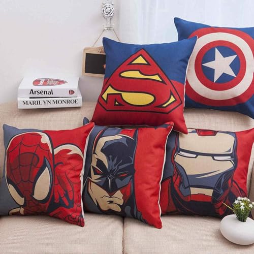 Lercavia Housse de coussin 5 pièces en lin câlin Avengers Super héros Spiderman Iron Man...