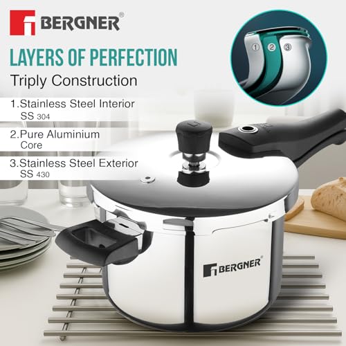 Image of Bergner Argent Elements Triply Stainless Steel 3.5 L Outer Lid Pressure Cooker, Healthy Cooking, Even Heat Distribution, Sturdy Handle, Easy Lock System, Safety Gasket - Induction and Gas Stove Ready