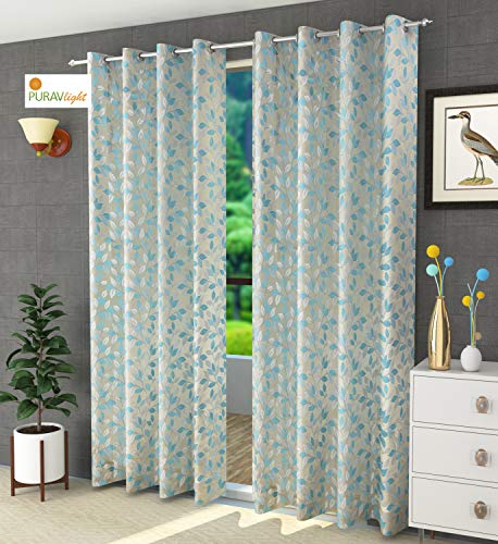 Image of Purav Light Jacquard Curtains Set of 3 Piece 7 Feet Long for Window & Living /Bedroom, Room Darkening Jute Polyester Weaved Parda, 3PC (Door - 7 Feet, Aqua)