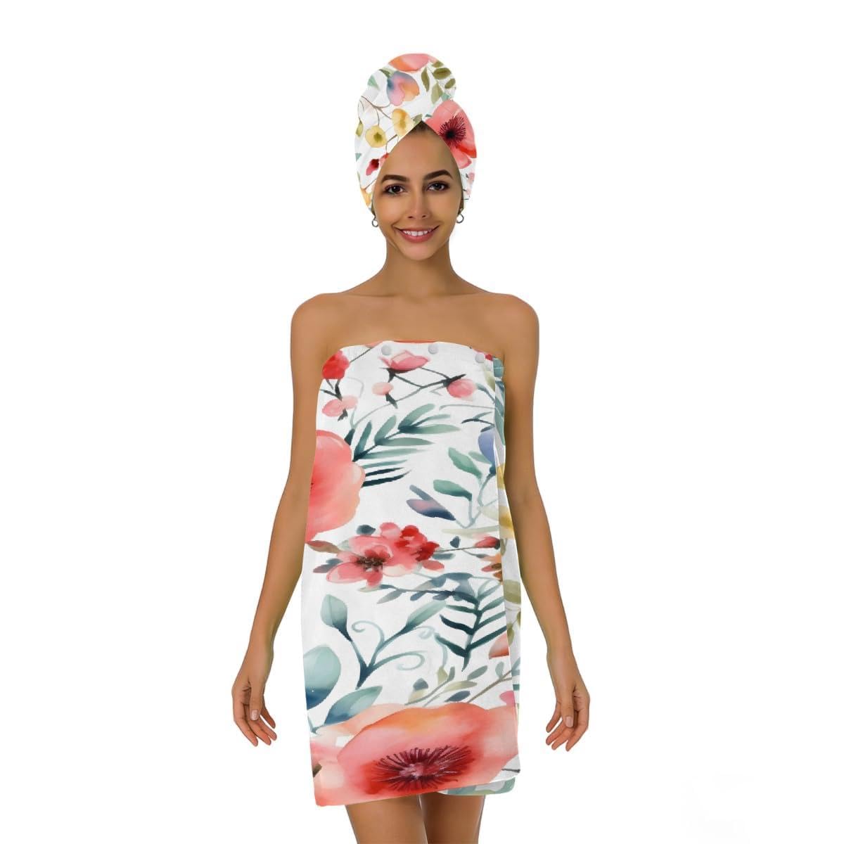 Mikrofaser-Duschtuch für Damen, mit Haarhandtuch, Aquarell-Blumen und grüne Pflanzen, Kunstdruck, weiche Körperwickel, Kleid mit Haartrocknungskappe für Strand, Pool, Spa, 2 Sets