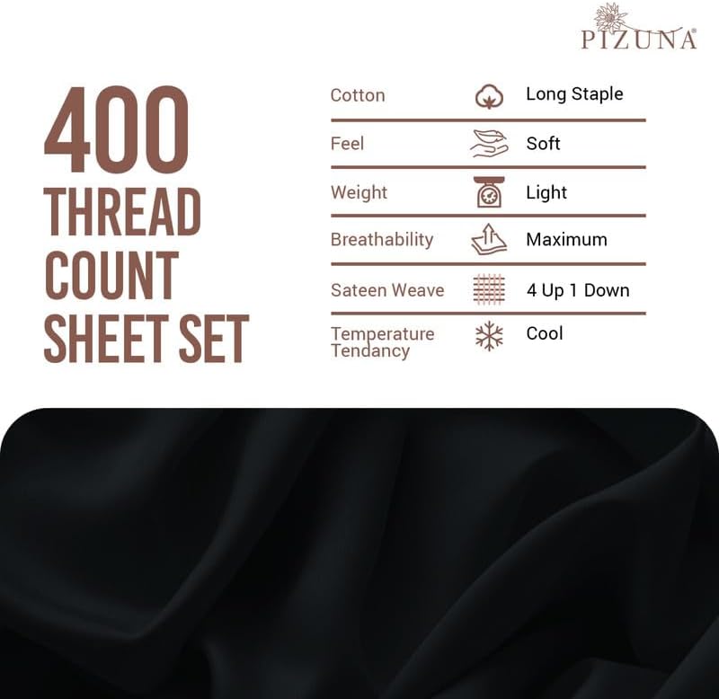 Miniatura 4 de Pizuna - Ropa de cama de 100% tejido de satén de algodón de fibra larga de 400 hilos (juegos de sábanas, juego de funda).