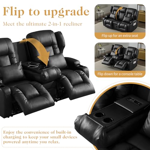 Image of Loveseat Recliner Sofa,RV Wall Hugger Recliners for Small Spaces,Reclining Loveseat Sofa Recliner with Cup Holders /Lumbar Pillows,RV Furniture (PU Black, Loveseat with Flip-up Console)