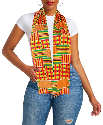 Afibi African Kente Print Stole Sash African Scarf Kente Stole Sash Unisex Kente Cloth Scarves (Yellow) - Thumbnail 3
