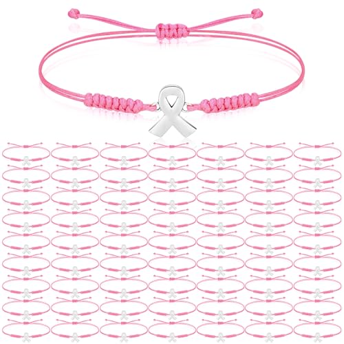 Sasylvia 20/50/100 Pcs Breast Cancer Awareness Bracelets Adjustable Cord Stretch Pink Ribbon Braided Bracelets Breast Cancer Gifts for Women