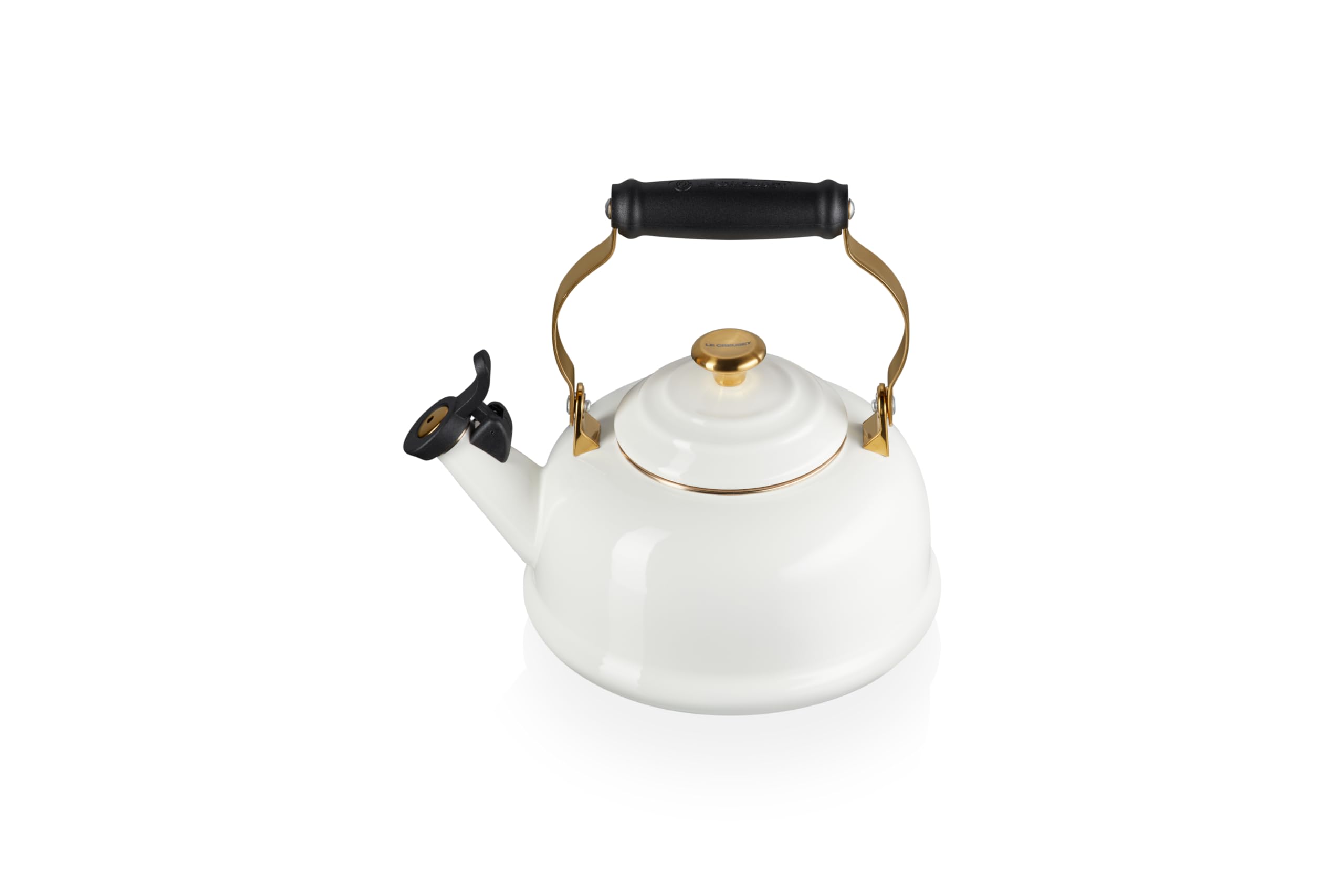 Le Creuset enamel on steel whistling kettle in white with gold finishes