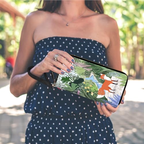 RFID Blocking Wristlet Wallet for Women – Slim PU Leather Zipper Clutch, Cute Credit Card Holder Purse with Wrist Strap for Ladies,Cute Fox in Garden2