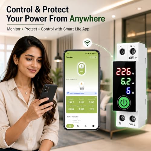 Image of Blackt Electrotech BT74NVF 63A Wi-Fi Circuit Breaker with Over-Voltage, Current Protection & Energy Metering Remote Control, Timer, & Power Monitoring | Smart Life, Alexa (With Dispaly)