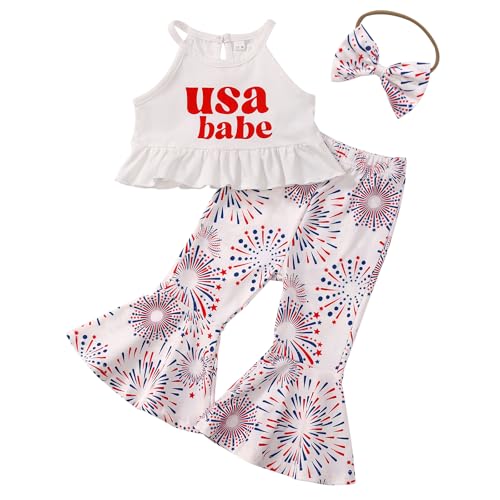 Cemion Toddler Girls 4th of July Outfits USA BaBe Sleeveless Fireworks Printed Bottoms Flared Pants Set Independence Day 2-3t