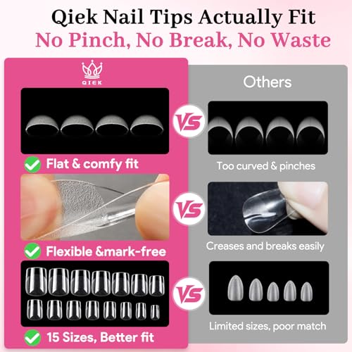 Image of Extra Short Square Nail Tips, 510 Pcs Clear Half Matte, 15 Sizes | 510 PCS clear extra short square tips with half-matte full cover for natural DIY extensions.