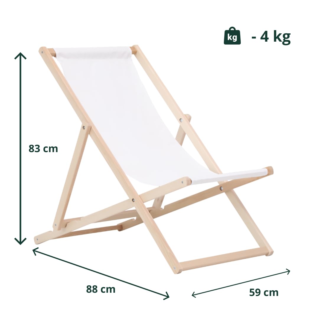 BAS Tumbona de Madera Ajustable para Playa y Jardín Construcción Robusta y Sólida Material Práctico, sillas Plegables de Madera, Blanco