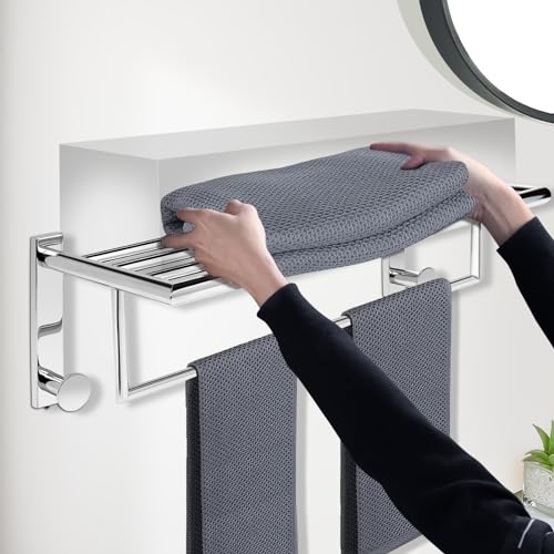 QL Toallero de Baño,Estante para Toallas con 2 Ganchos,Acero Inoxidable,Barra de Toallas 50cm,Soporte para Toallas de Pared,Plata/Cromo - imagen 4