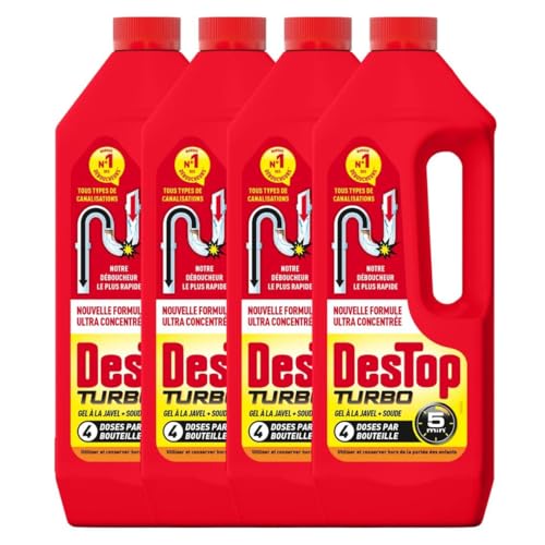 DESTOP Gel désinfectant et déboucheur canalisation Turbo 5 min - 4 doses - Lot de 4 x 1L