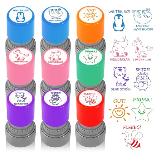 9 Stück Stempel Lehrer Stempel Schule Lehrerstempel Grundschule Wiederverwendbar Belohnungsstempel Niedliche Cartoon Motivationsstempel für Hausaufgaben Feedback Belohnung Motivation