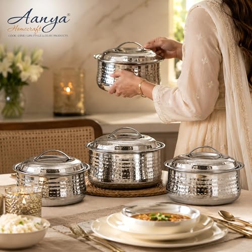 Image of Aanya Homecraft Stainless Steel Insulated Hotpot Set, Silver Serving Casserole for Roti, Rice, Curry & Food Storage, Home & Kitchen Serveware, Set of 3 Sizes