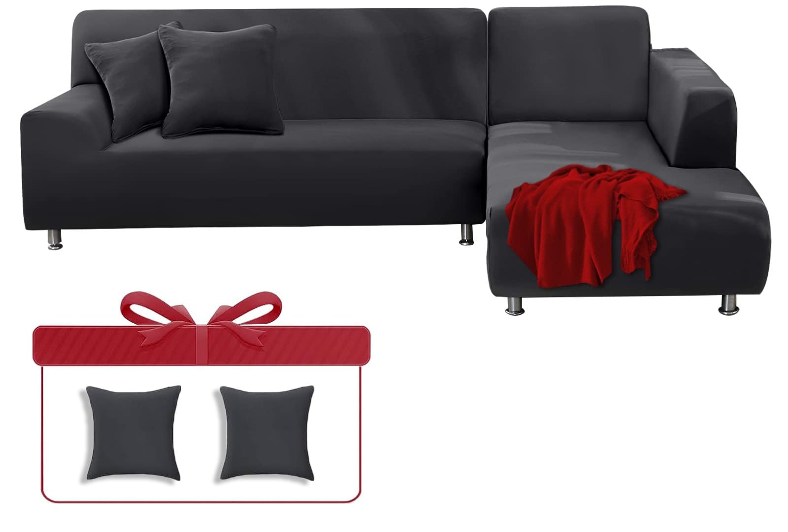 Fundas para Sofás Chaise Longue Elásticas, Fundas Cubre Sofá Universales de Forma L Extraíbles Lavables, Fundas Protectora para Sofa con Fundas de Almohada (Gris Oscuro,3 Plazas (195-230cm))