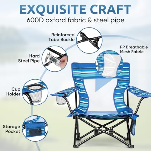 Image of HaSteeL Folding Beach Chair Set of 2, Foldable Striped Camping Chairs for Outside, Low Beach Chair Portable for Adults Fishing, Picnic, Outdoor BBQ, Travel, Sports, Cup Holder & Storage Bag