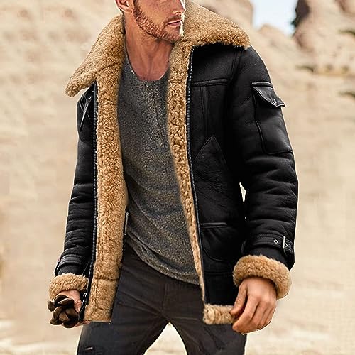 Mmoneyake Mens Sherpa Lined Jacket Suede Leather Zip Up Military Cargo Jacket Warm Trucker Coat Multi-Pocket Parka Jacket2