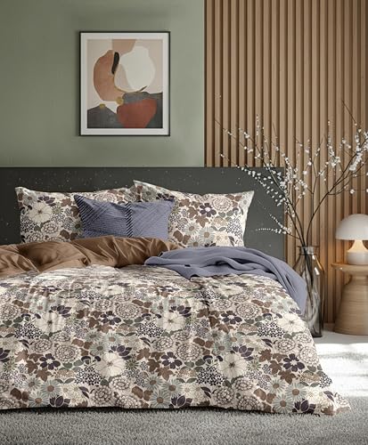 Image of Bedding Set Combo of Double Bed Duvet Cover Set with Fitted Bedsheet & 2 Pillow Covers | 300 TC Cotton Fabric | Zipper Closure |All Round Elastic|Warm Stuff|SED 050|Beige Multi Leaves | Breathable material