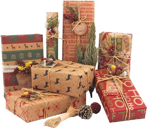 SmoTecQ Christmas Wrapping Paper Sheets – 12 Folded Sheets 70x50cm, 6 Vintage Kraft Designs, Made from Recycled Paper – Includes 10m Jute String & 10 Gift Tags