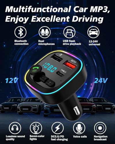 Bluetooth 5.3 FM Car Adapter Bluetooth Transmitter for Car QC3.0 & PD 20W 12V Fast Charging Universal Cars Charger Wireless Radio Hands Free Calling with Dual USB and 1 Type C, Support USB/Micro SD/TF