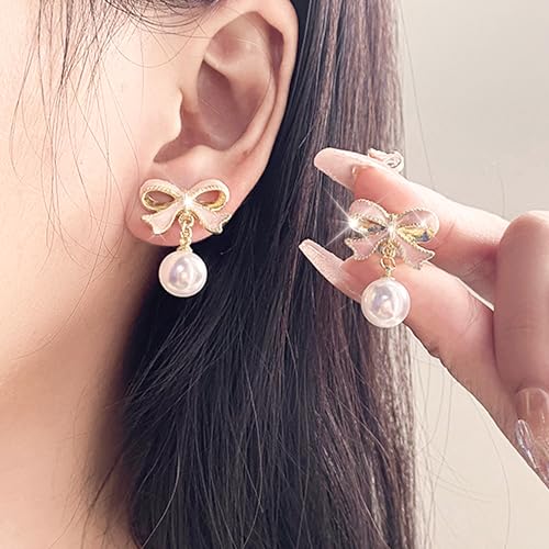 Bow Earrings for Women Trendy Stuff Cute Bow Pearl Drop Dangle Earrings Bowknot Stud Wedding Party Daily Jewelry Accessory Gifts Christmas Stocking Stuffers2