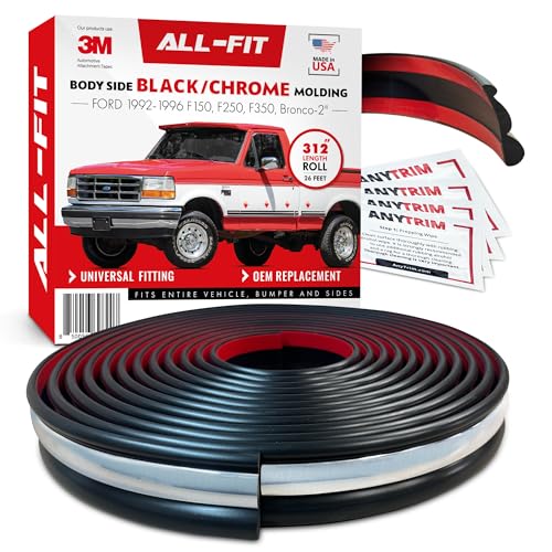 All-Fit Automotive Replacement Old Style Body Side Molding (2) OEM Grade Black and Chrome Trim Fits 19921997 Ford F150 F250 F350 & Bronco OBS Easy to Install Truck Accessories (26 Ft Roll)