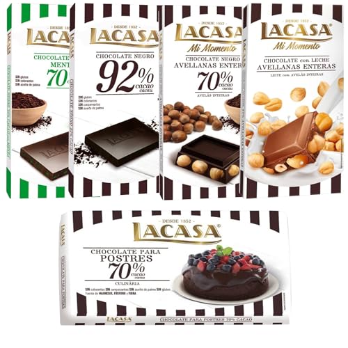 Pack Lacasa 5 deliciosas tabletas de chocolate:leche avellana 200gs , menta ,cacao 92% ,culinaria, avellana 200g