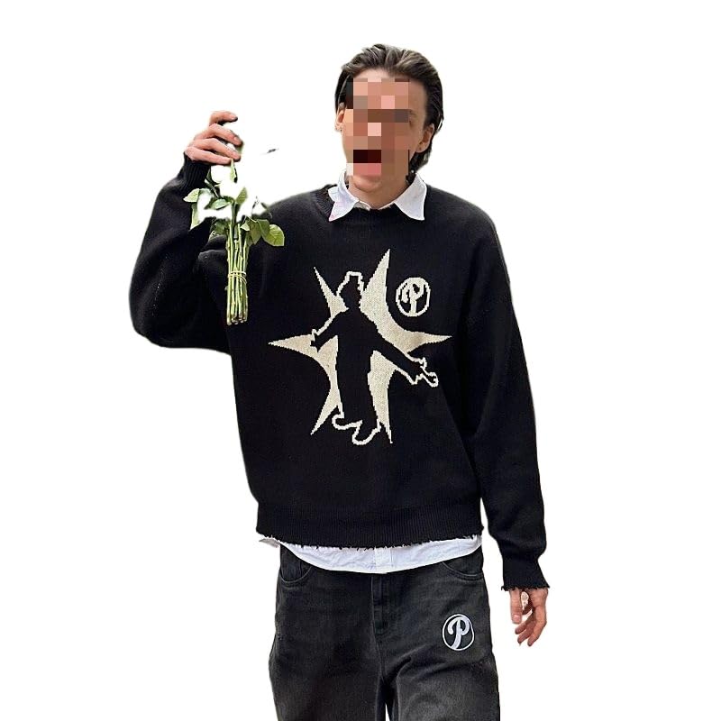 Men's Y2K Oversized Long Sleeved Sweater with Printed Retro Knit Sweater Pullover