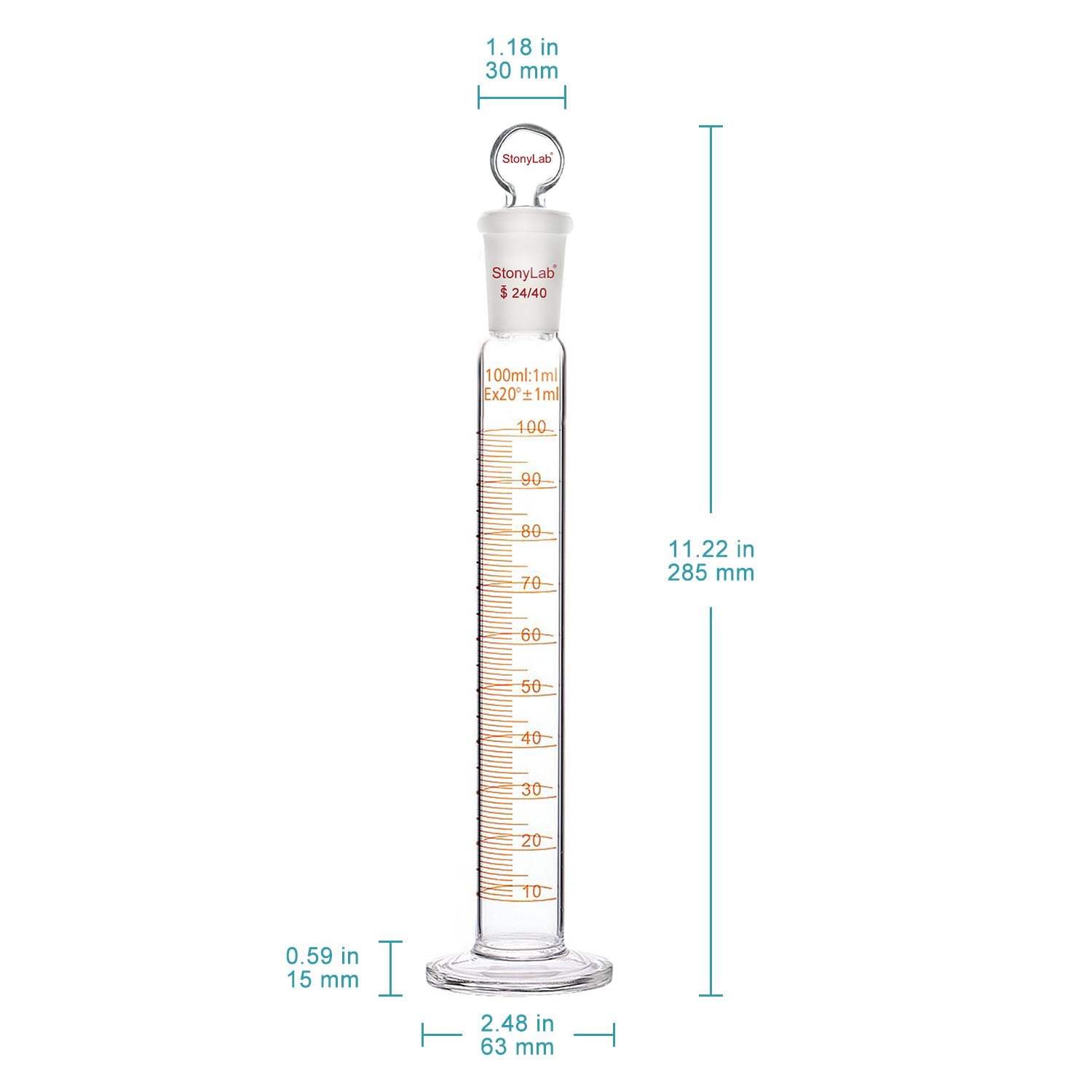 stonylab Measuring Cylinder with Stopper, 100 ml Heavy Wall Borosilicate Glass Measuring Graduated Cylinder with 24/40 Standard Ground Joint and Flat Head Stopper, 1 Pack — Amazon image 2