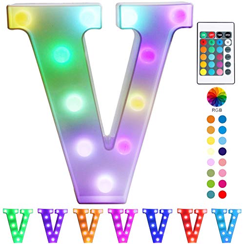 Image of Pooqla Colorful LED Marquee Letter Lights with Remote - Light Up Marquee Signs - Letters with Lights for Anniversary Party Room Decoration - Birthday Gift for Boys Girls Women Men - Multicolor V