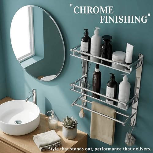 Image of GLOXY Premium Stainless Steel Bathroom Shelf Combo Pack of 3 | Double Layer Wall Mounted Storage Rack with Towel Rods | Chrome Finish Bathroom Fittings Accessories Set for Home & Washroom
