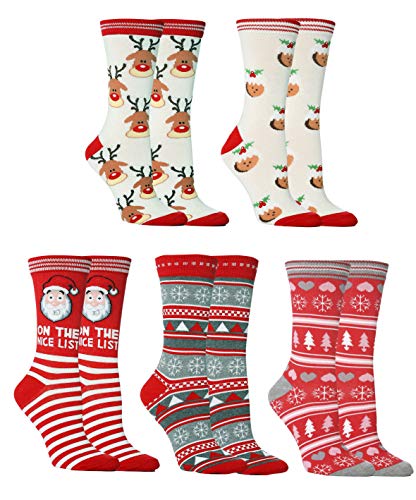 Fulvit 5 Pairs Crew Socks,Printed Fun Colorful Festive, 2020 Newest Cozy Socks Women Fancy Christmas Holiday Design Soft