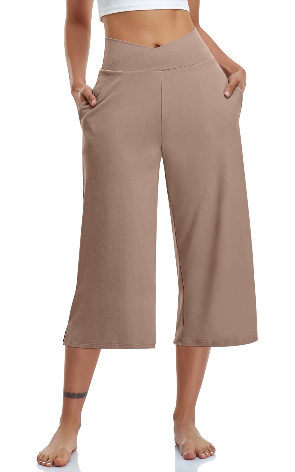 TARSE Womens Casual Wide Leg Yoga Capris Crossover High Waist Capri Pants Loose Soft Pajama Pockets Sweatpants