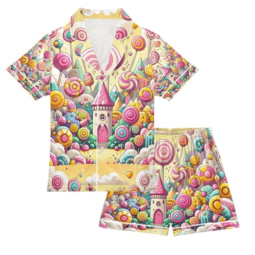 senya Sweet Candy Lollipop Satin Summer Pajama Sets Silk Short Sleeve Button Down Sleepwear
