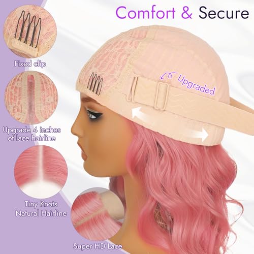 Image of Eawwii Dirty Pink Short Wavy Wig for Women Lace Hairline Bob Style Synthetic Heat Resistant - Natural Appearance for Everyday Hairstyle 14 Inch