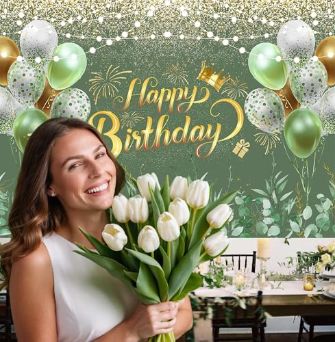 Image of Greenery Sage Green Happy Birthday Banner Backdrop Decorations Eucalyptus Leaves Women Birthday Banner Green Glitter Ballon Background Party Decoration Cake Table Banner Supplies 72x44 inch