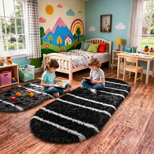 Image of Vasrug Luxury Soft Shaggy Bedside Ovel Rug - Geometric Design | Plush High-Pile Bedroom Carpet, Pack of 1 Pic, 2x9 Feet, (AA10)