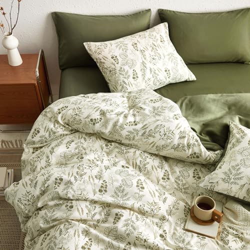 Wake In Cloud - Floral Duvet Cover Set Botanical Vintage Flower Coquette Cottagecore Aesthetic for Women Teen Girls Soft Lightweight Bedding 3-Piece Olive Green Queen Size