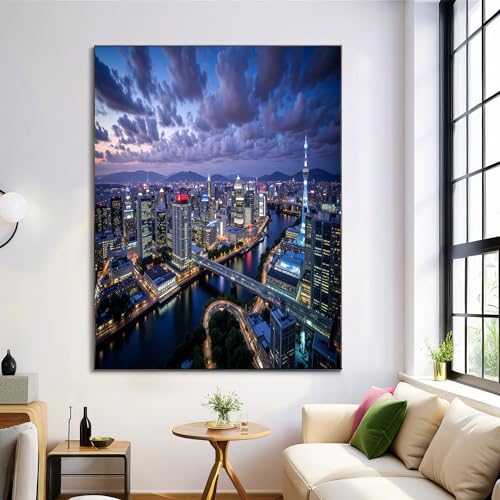 Décoration peintures sur toile ville architecture moderne vue nocturne bleu-violet