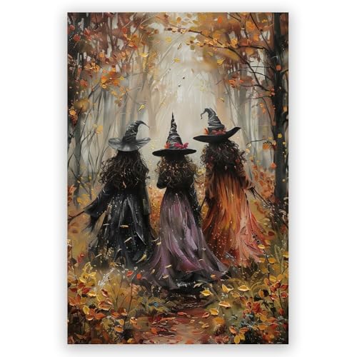 Generic Horror Halloween Decor Wall Art Print Three Witches In The Forest Vintage Posters Decor Autumn Beautiful Witches Forest Canvas Printing For Living Room Bedroom 8X12Inch Unframed cover